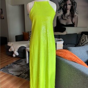 Zara Neon Yellow Green Sequin Halter Maxi Dress
